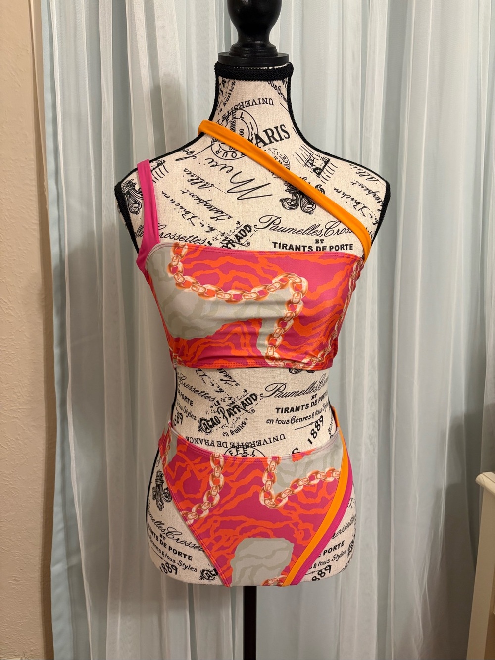 Asymmetrical Pink & Orange Chain-Print Bikini Set